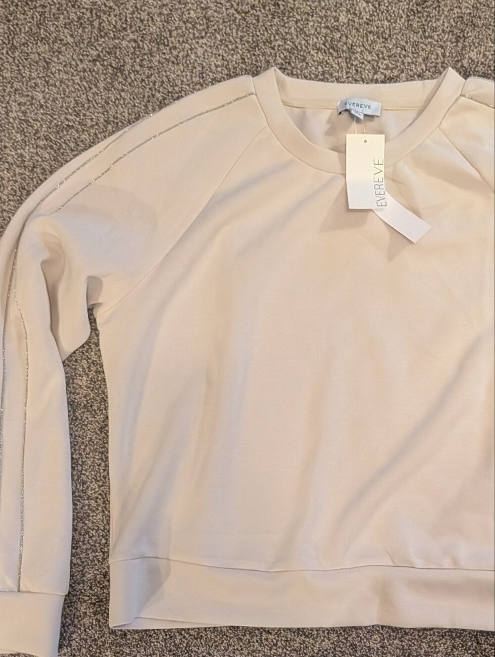 NWT Evereve Cream Crewneck Sweater with Metallic Silver Sleeve Detail